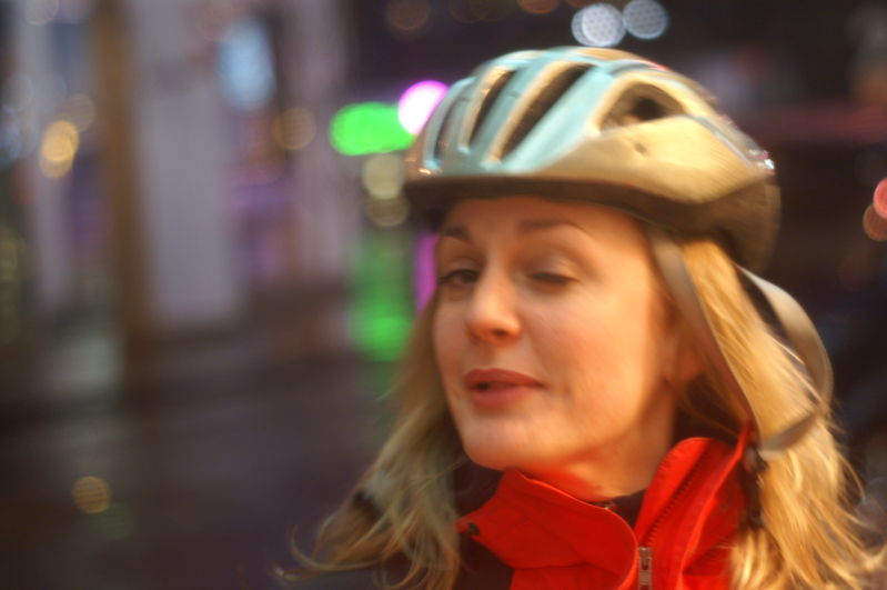 donning her foam hat